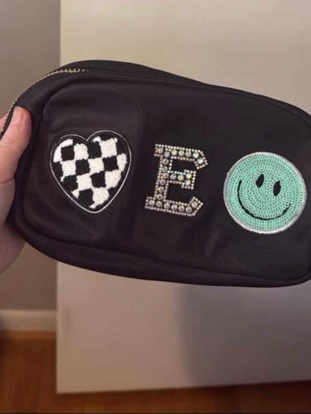 Black Cosmetic Pouch with Embroidered Patches